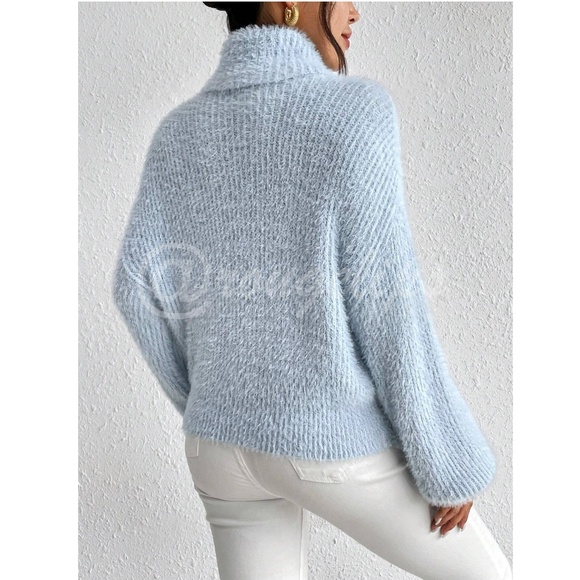 Light Blue Soft Fuzzy Turtleneck Pullover Sweater Long Sleeve - Picture 3 of 9
